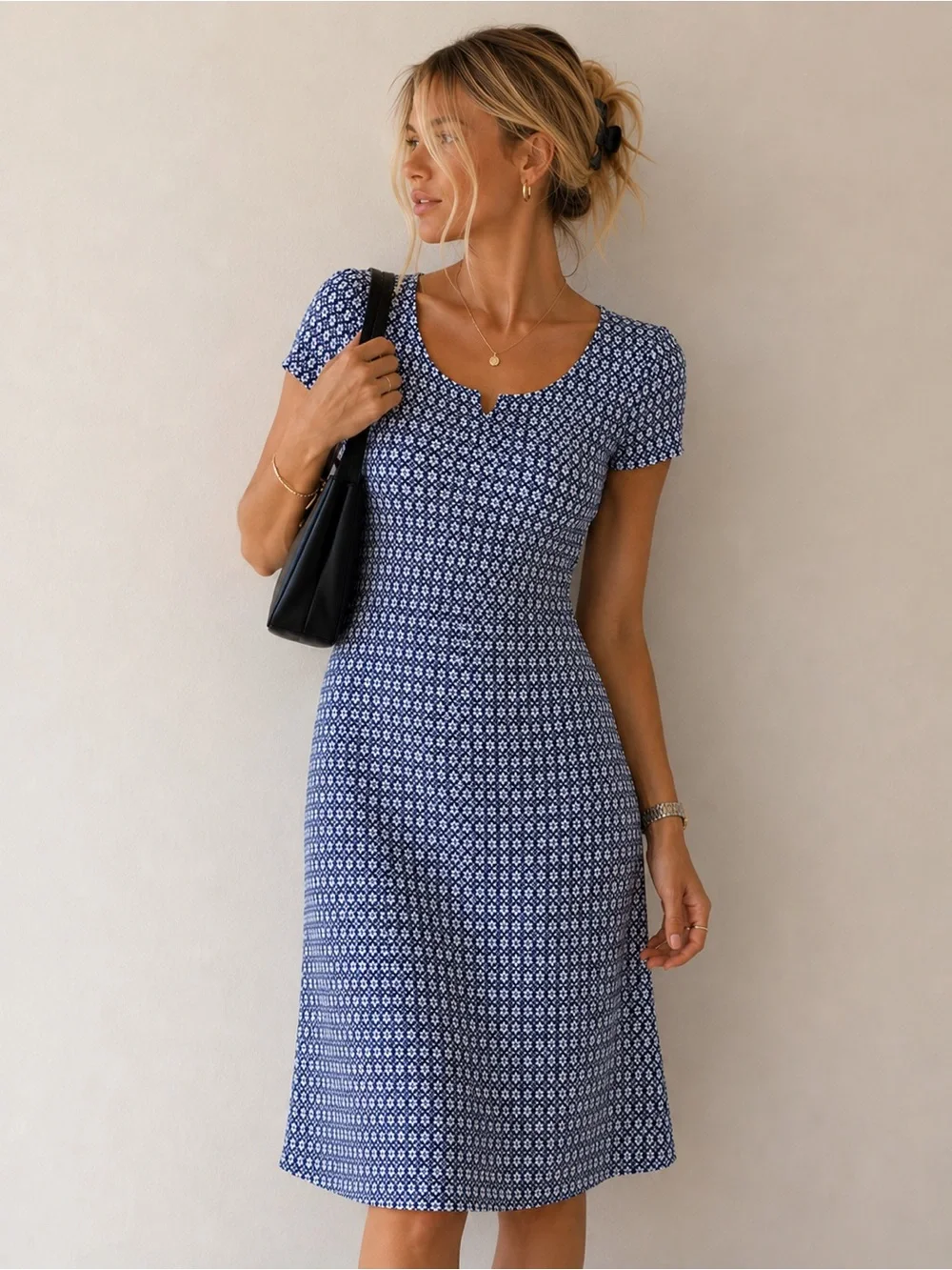 Tory Burch Blue White Geometric Midi Dress XS Tailored Short Sleeve Minimalist